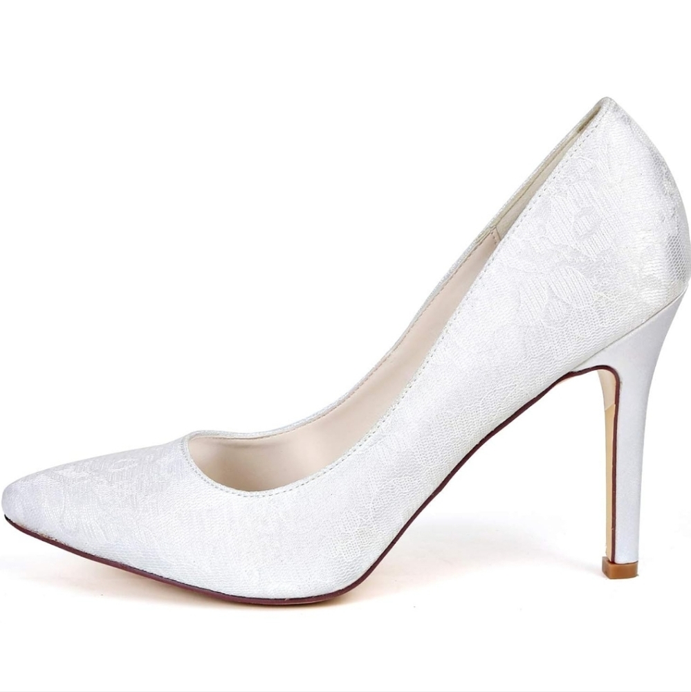 FSJ White Lace Bridal Pointy Toe Pumps Heels Wedding Shoes 12